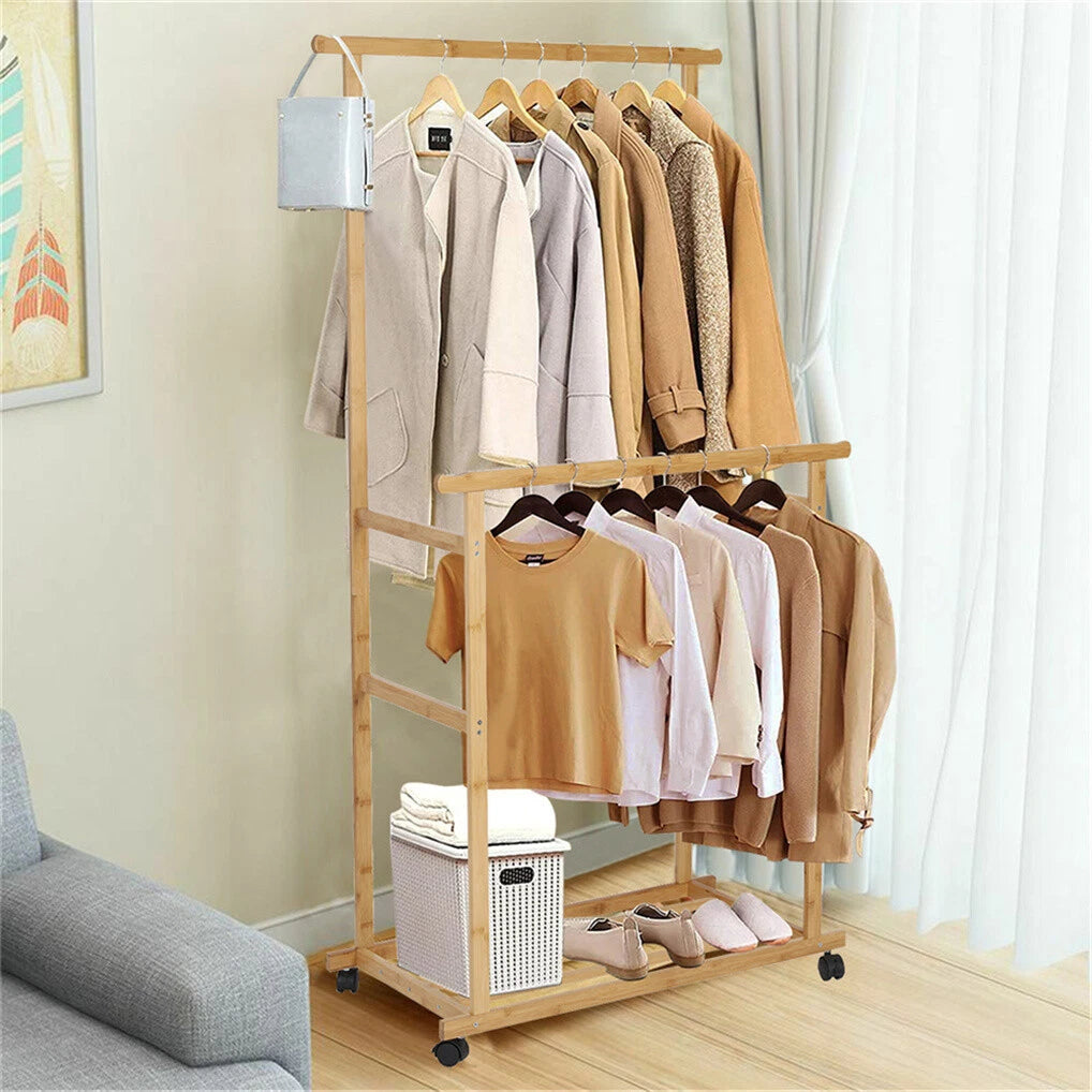 Portable Rolling Bamboo Clothes Rack for Kids with Hanging Rail - Image 2