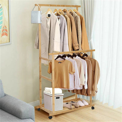 Portable Rolling Bamboo Clothes Rack for Kids with Hanging Rail - Image 2