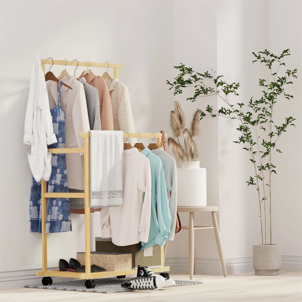 Portable Rolling Bamboo Clothes Rack for Kids with Hanging Rail - Image 3