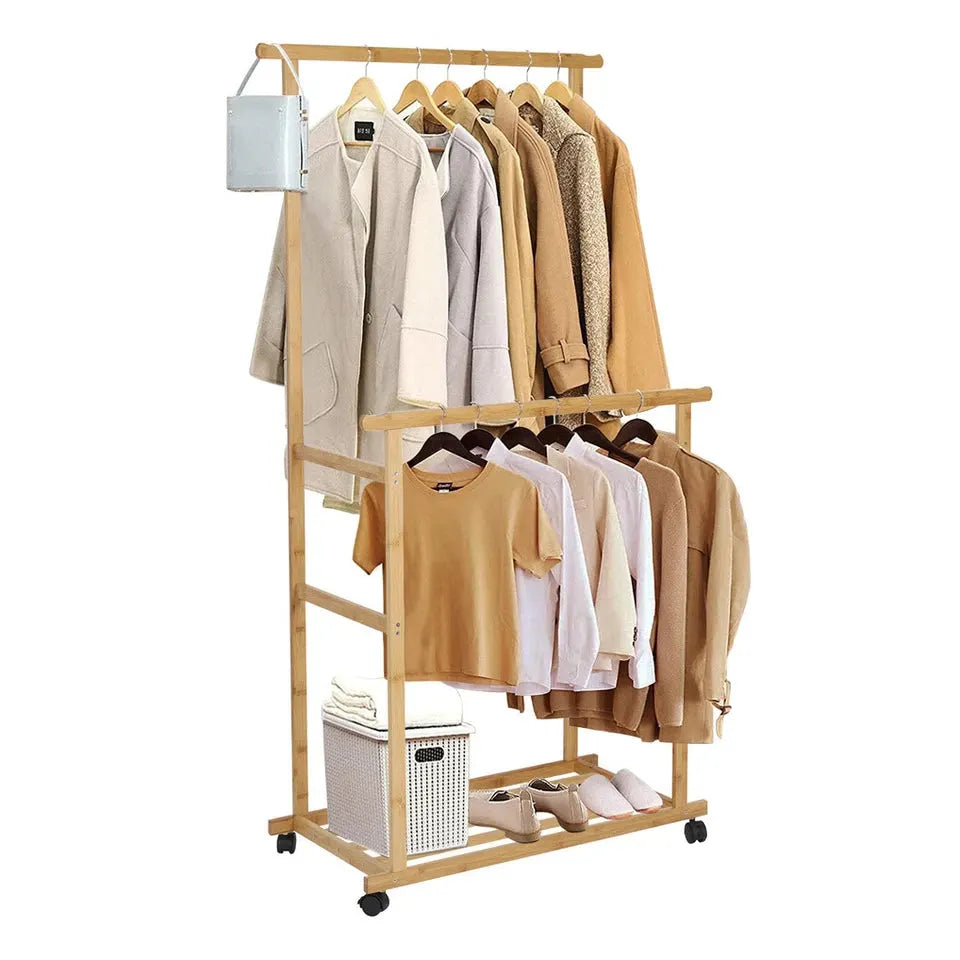 Portable Rolling Bamboo Clothes Rack for Kids with Hanging Rail - Image 4