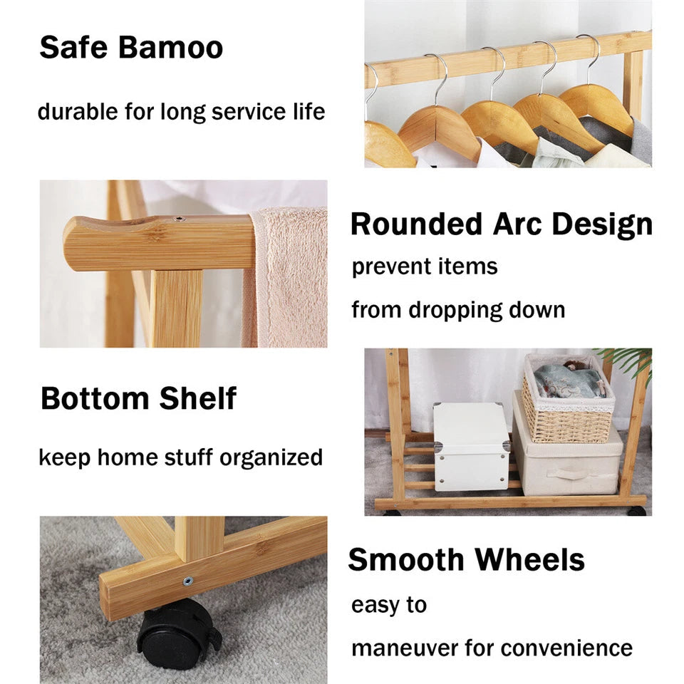 Portable Rolling Bamboo Clothes Rack for Kids with Hanging Rail - Image 9