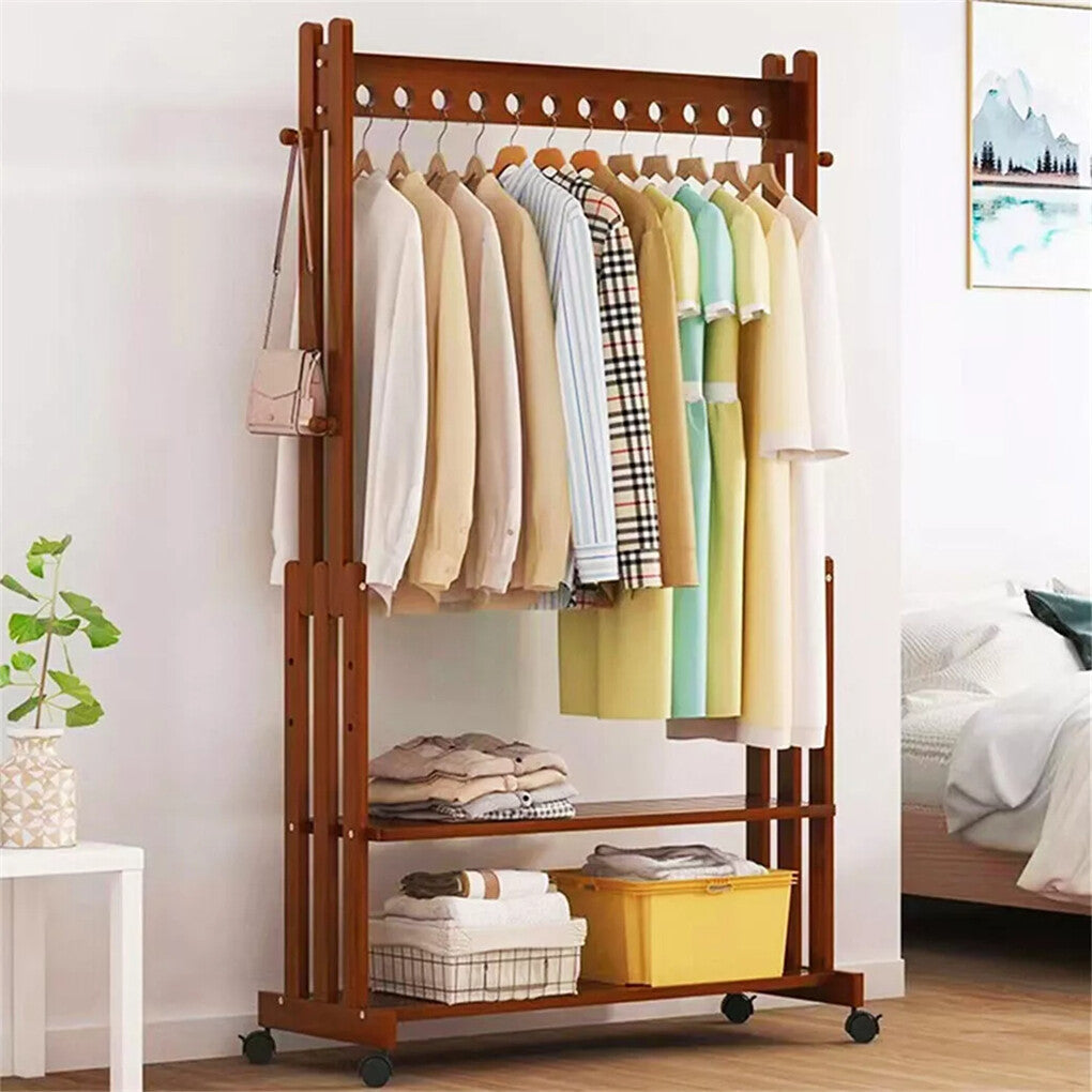 Walnut Wood Rolling Clothing Garment Rack Open Wardrobe Entryway Bedroom Shop - Image 2