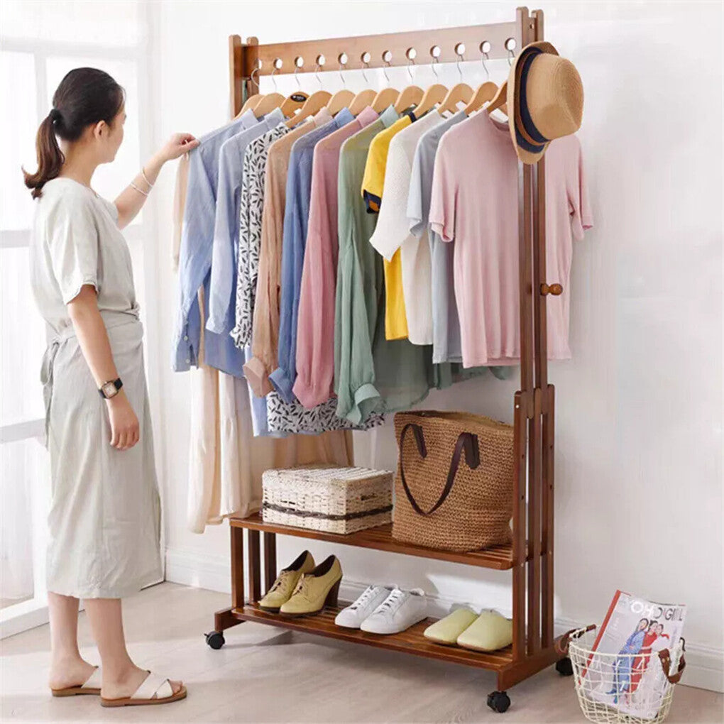 Walnut Wood Rolling Clothing Garment Rack Open Wardrobe Entryway Bedroom Shop - Image 3
