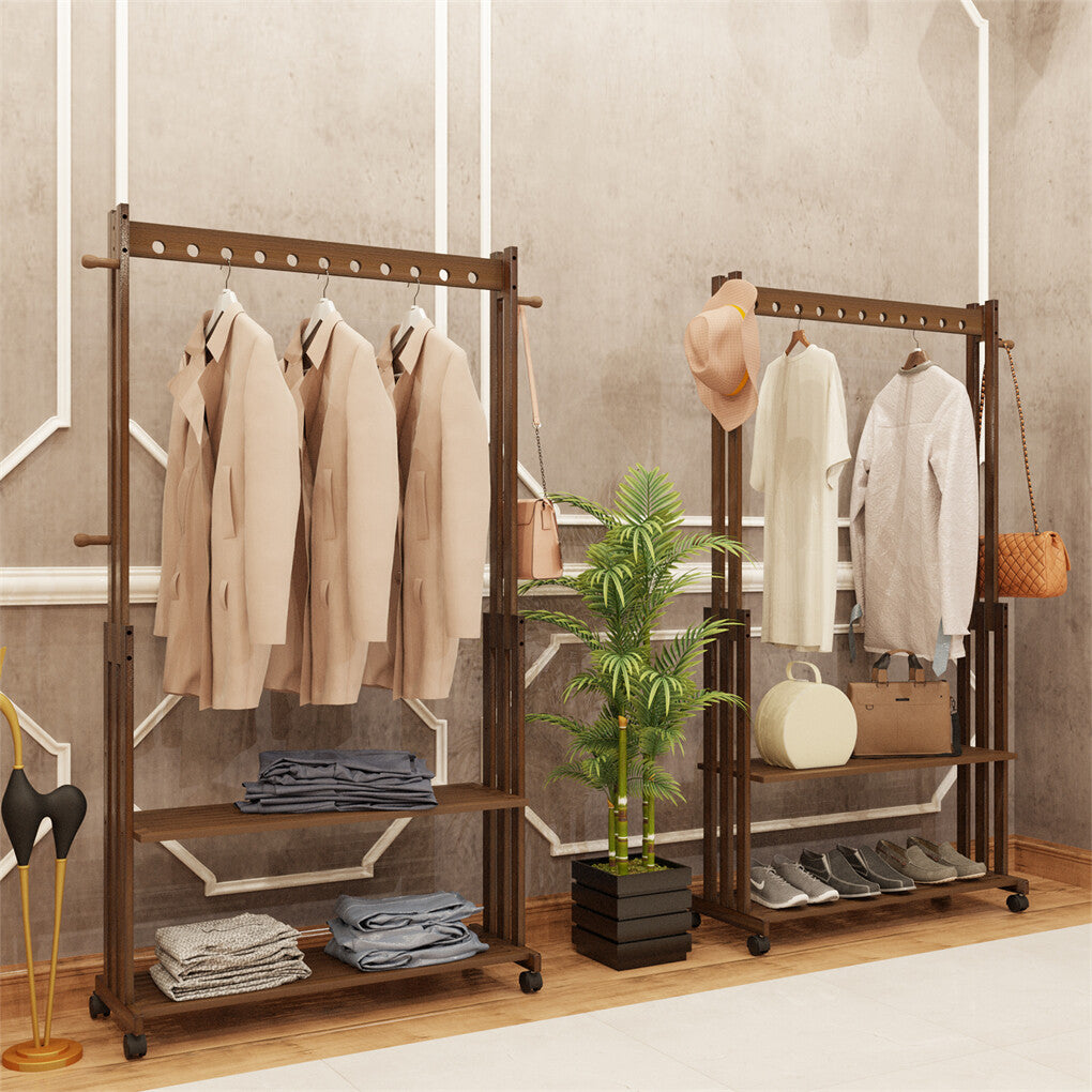Walnut Wood Rolling Clothing Garment Rack Open Wardrobe Entryway Bedroom Shop - Image 4