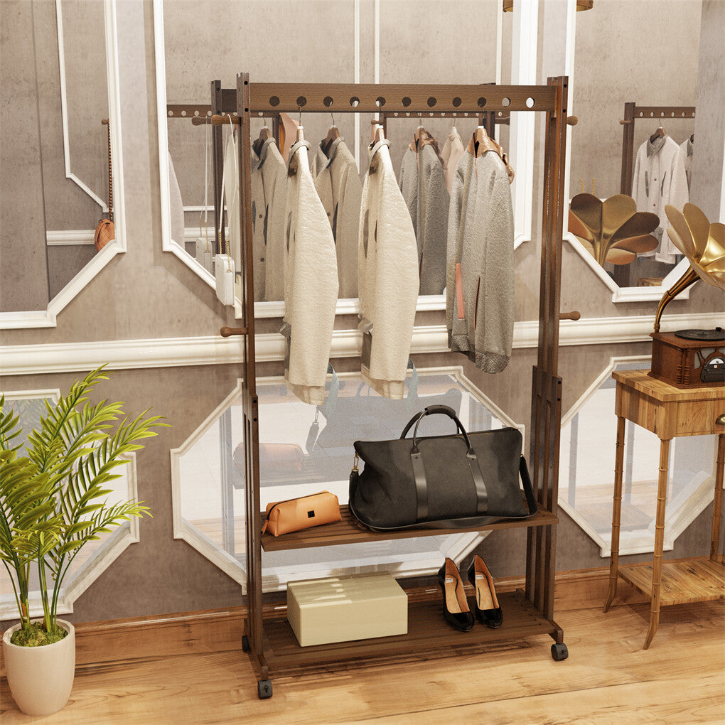 Walnut Wood Rolling Clothing Garment Rack Open Wardrobe Entryway Bedroom Shop - Image 5