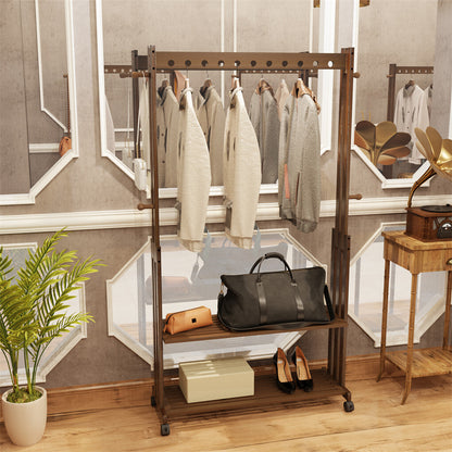 Walnut Wood Rolling Clothing Garment Rack Open Wardrobe Entryway Bedroom Shop - Image 5