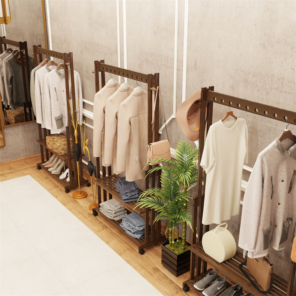 Walnut Wood Rolling Clothing Garment Rack Open Wardrobe Entryway Bedroom Shop - Image 6