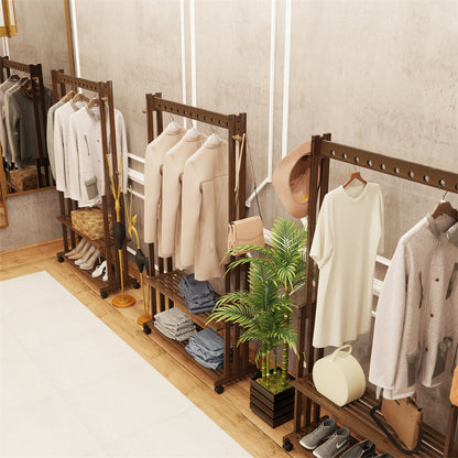 Walnut Wood Rolling Clothing Garment Rack Open Wardrobe Entryway Bedroom Shop - Image 6