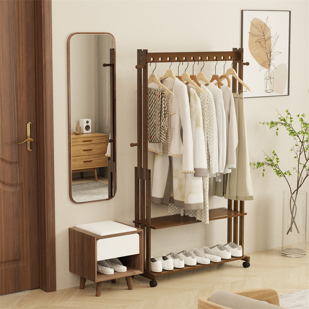 Walnut Wood Rolling Clothing Garment Rack Open Wardrobe Entryway Bedroom Shop - Image 7
