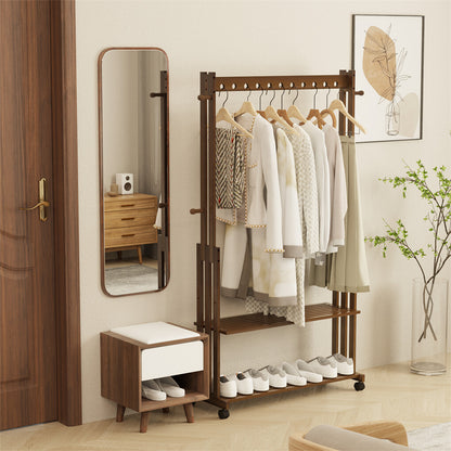 Walnut Wood Rolling Clothing Garment Rack Open Wardrobe Entryway Bedroom Shop - Image 7