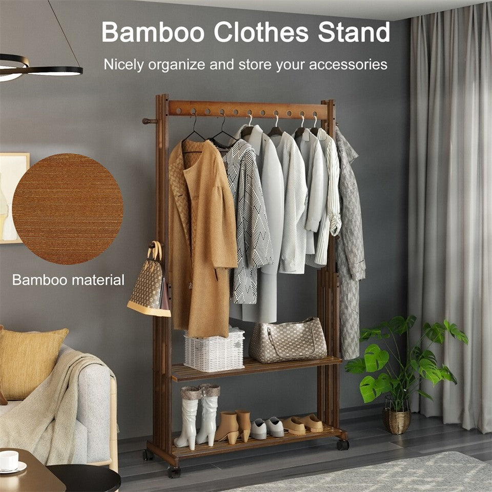 Walnut Wood Rolling Clothing Garment Rack Open Wardrobe Entryway Bedroom Shop - Image 8
