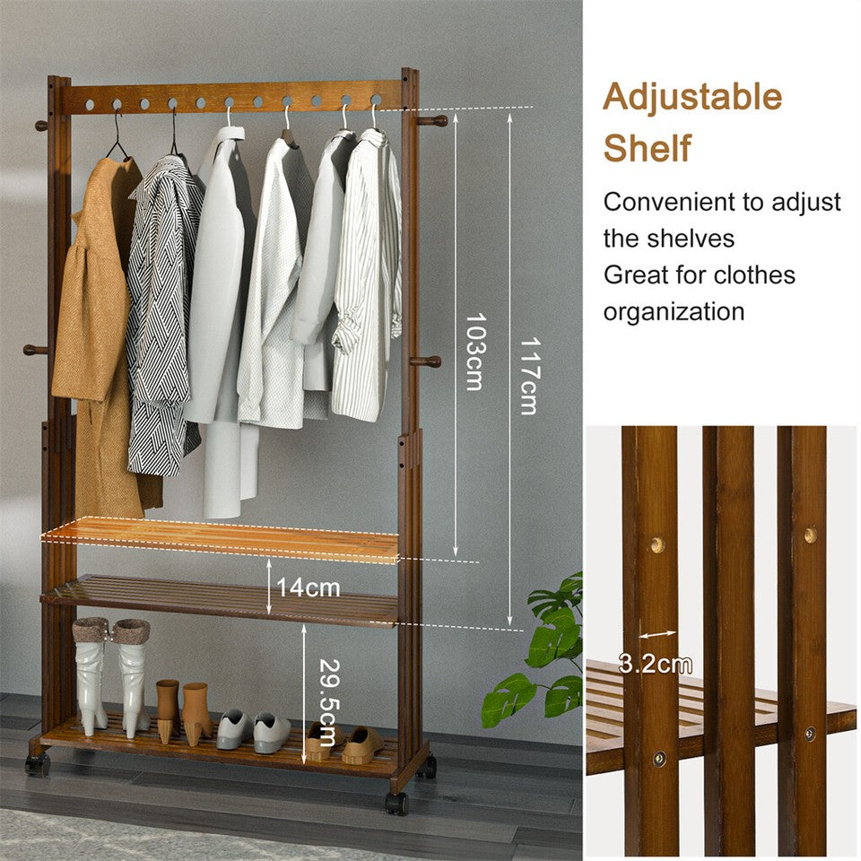 Walnut Wood Rolling Clothing Garment Rack Open Wardrobe Entryway Bedroom Shop - Image 9