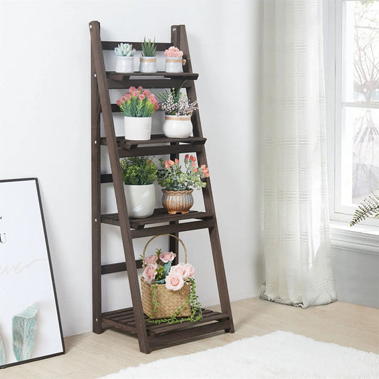 Retro 4 Tier Wooden Ladder Bookcase Folding Book Shelf Plant Stand Storage Rack - Image 2