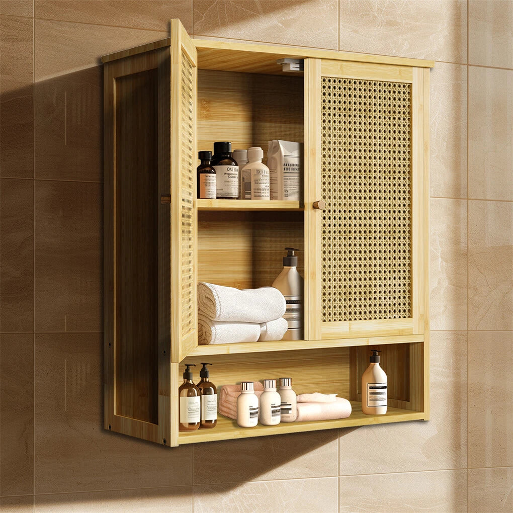3 Tier Bathroom Wall Cabinet Rattan Door Bamboo Storage Shelf Over Toilet Cupboard Organizer - Image 2