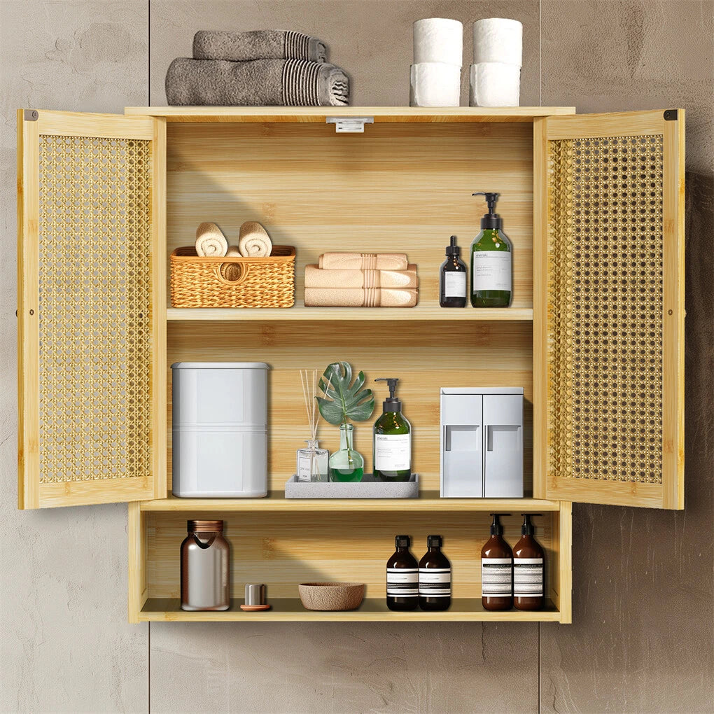 3 Tier Bathroom Wall Cabinet Rattan Door Bamboo Storage Shelf Over Toilet Cupboard Organizer - Image 3