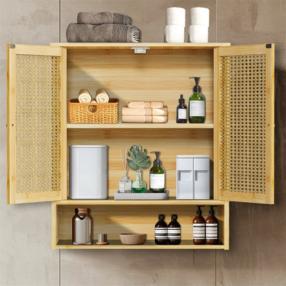 3 Tier Bathroom Wall Cabinet Rattan Door Bamboo Storage Shelf Over Toilet Cupboard Organizer - Image 3