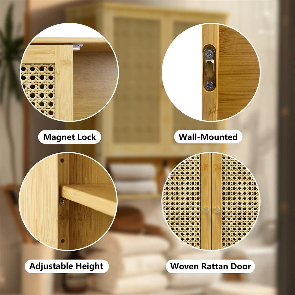 3 Tier Bathroom Wall Cabinet Rattan Door Bamboo Storage Shelf Over Toilet Cupboard Organizer - Image 4
