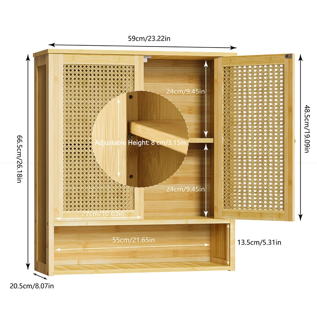 3 Tier Bathroom Wall Cabinet Rattan Door Bamboo Storage Shelf Over Toilet Cupboard Organizer - Image 5