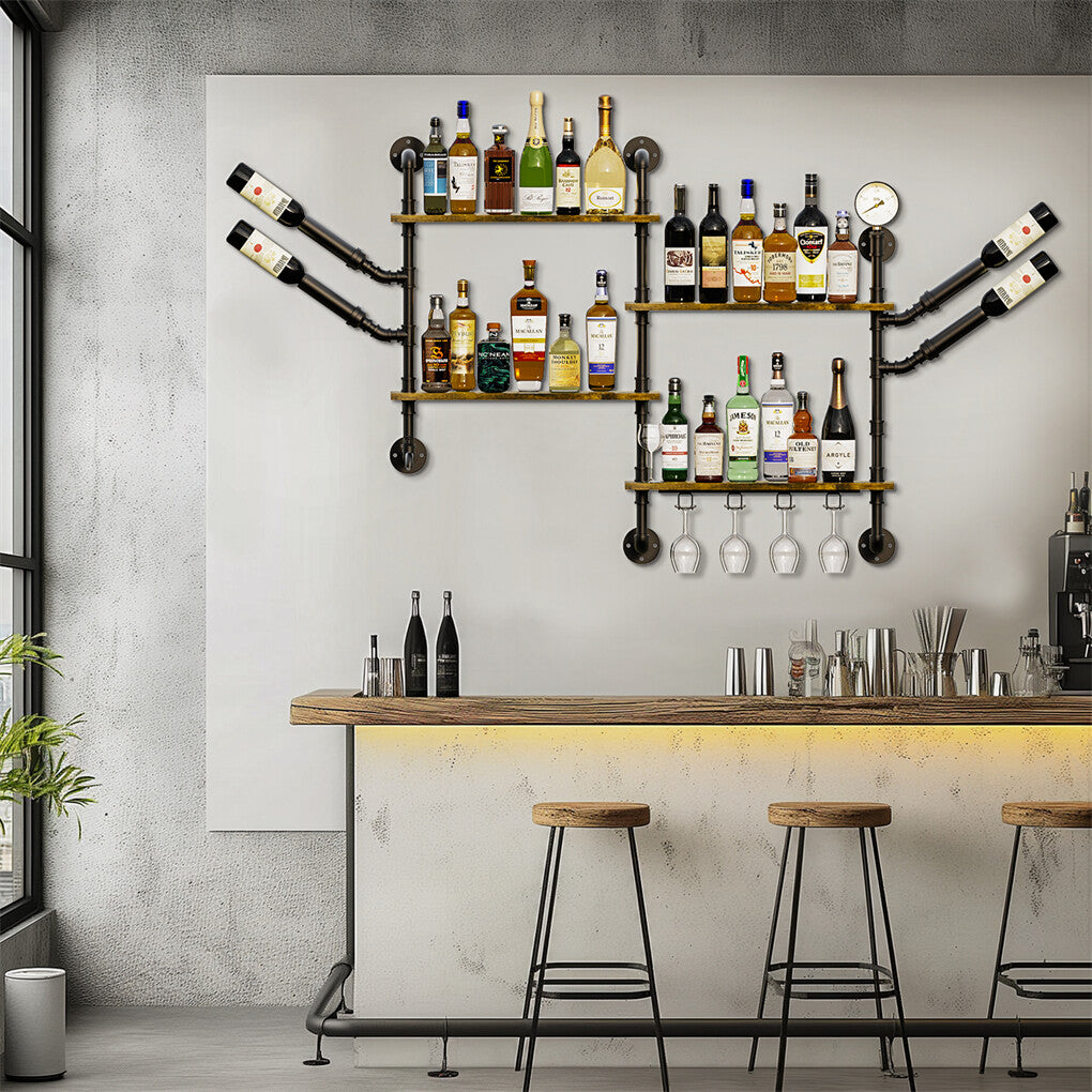 Industrial Pipe Bar Wall Liquor Shelf Floating Shelves with Wine Glass Holder - Image 2