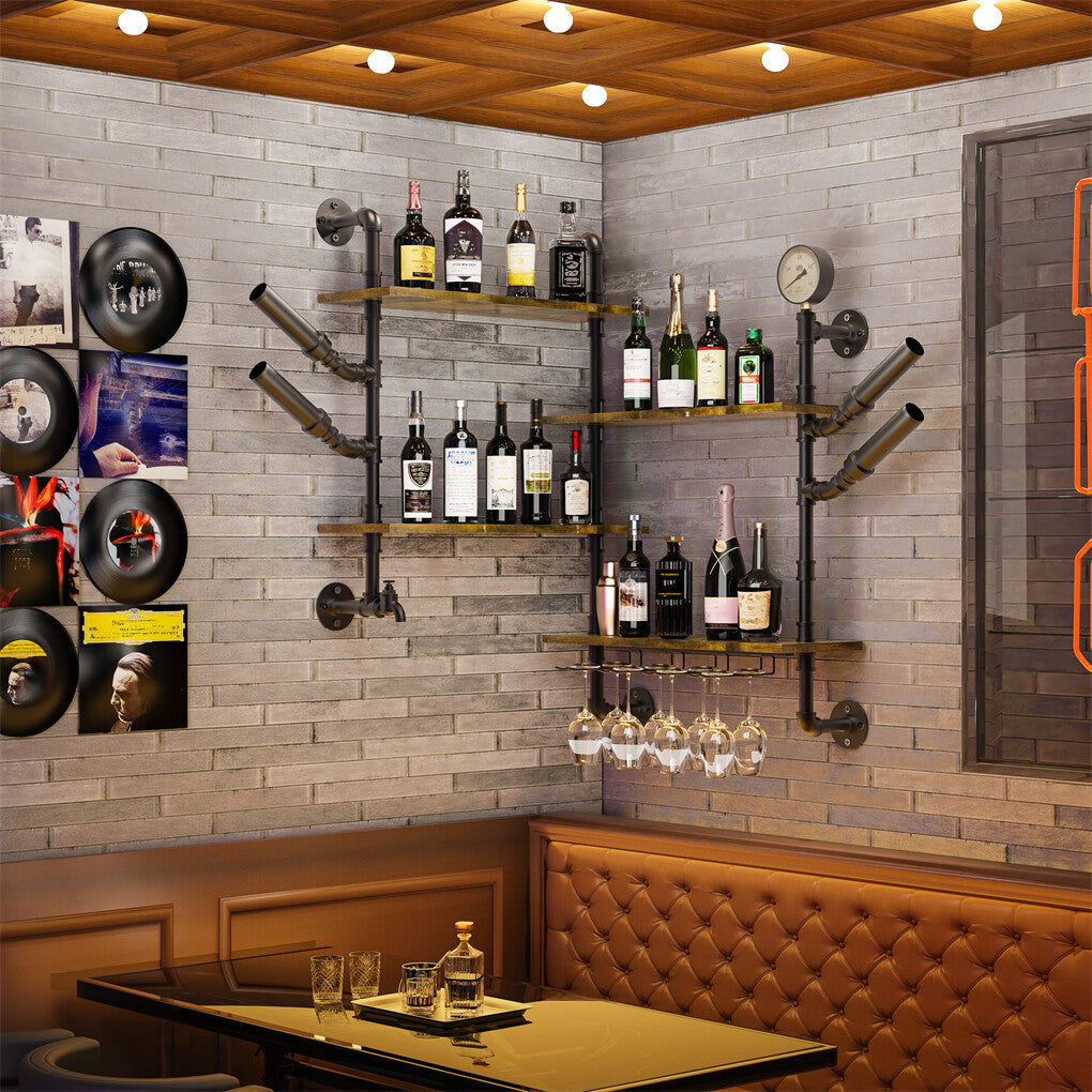 Industrial Pipe Bar Wall Liquor Shelf Floating Shelves with Wine Glass Holder - Image 6