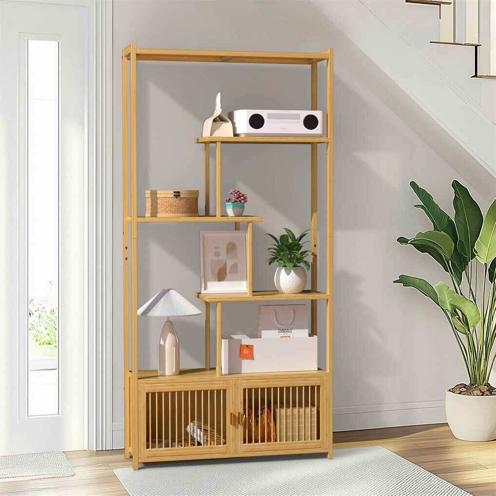 6 Tiers Freestanding Bamboo Storage Shelf High & Low Shelf Bookshelf Plant Stand - Image 2