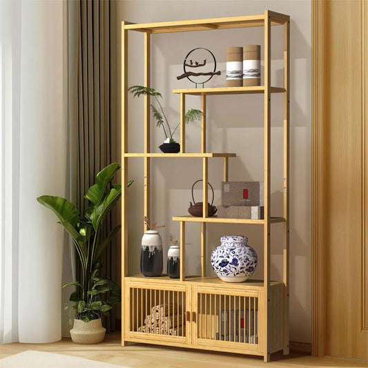 6 Tiers Freestanding Bamboo Storage Shelf High & Low Shelf Bookshelf Plant Stand - Image 3