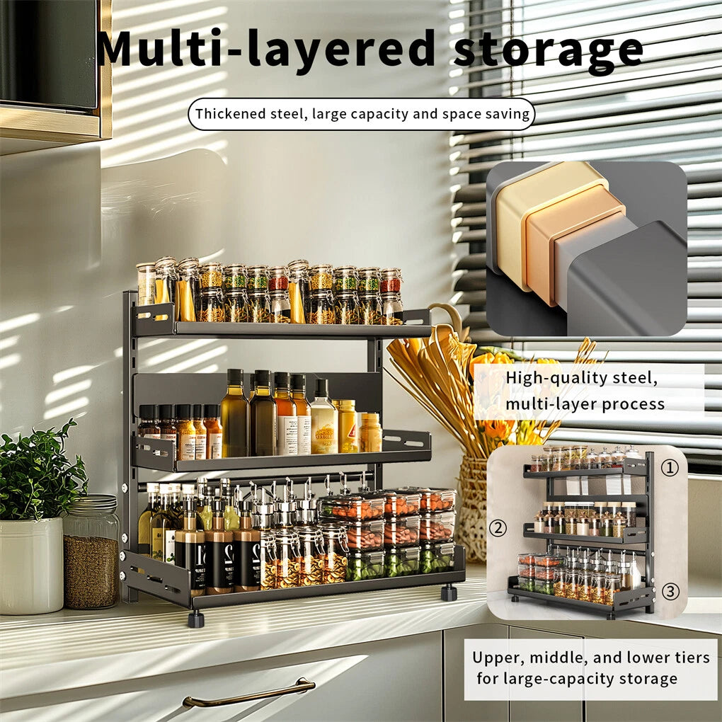 3-Tier Large Kitchen Spice Rack Anti-Rust Organizer Shelf, Height Adjustable Storage Rack AU - Image 2