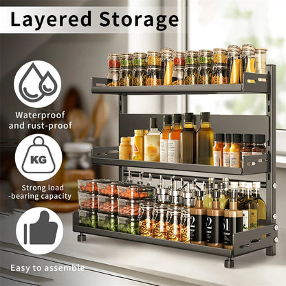 3-Tier Large Kitchen Spice Rack Anti-Rust Organizer Shelf, Height Adjustable Storage Rack AU - Image 3