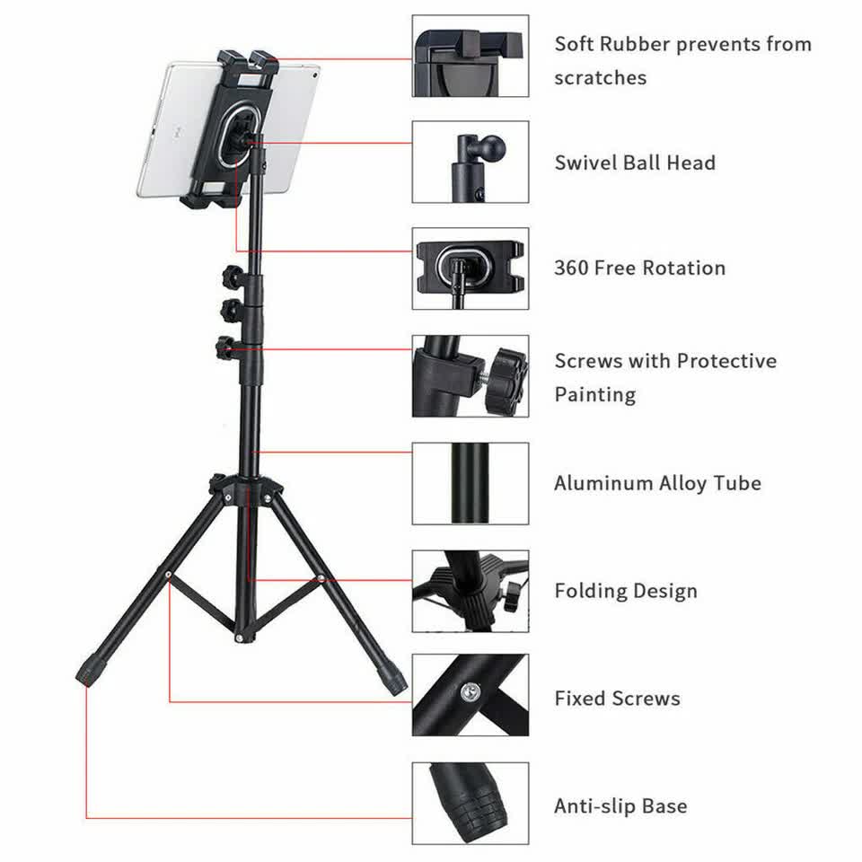 Adjustable 4.7-12.9" Stable Tripod Floor Stand Lazy Tablet Mount Holder for iPad - Image 9