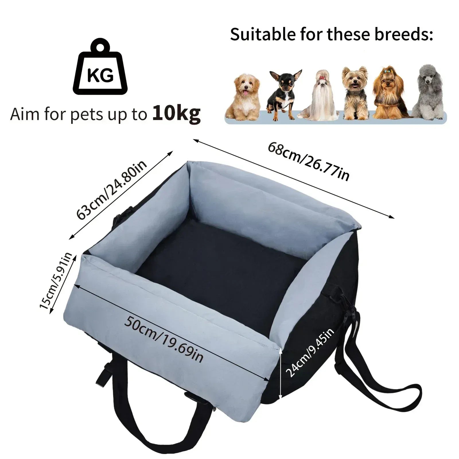 Washable Dog Car Seat Bed Pet Booster Seat Carrier with Safety Leash Portable Travel Bed for Small Dogs - Black & Blue - Image 3