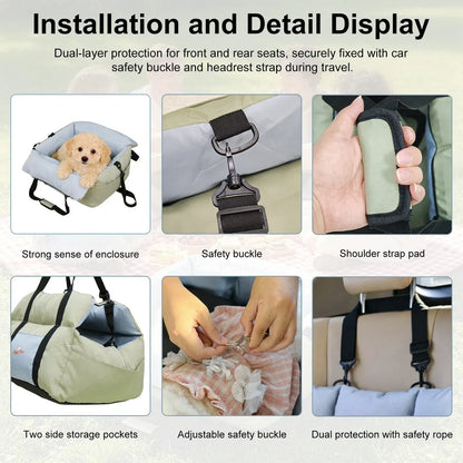 Washable Dog Car Seat Bed Pet Booster Seat Carrier with Safety Leash Portable Travel Bed for Small Dogs - Green & Blue - Image 3