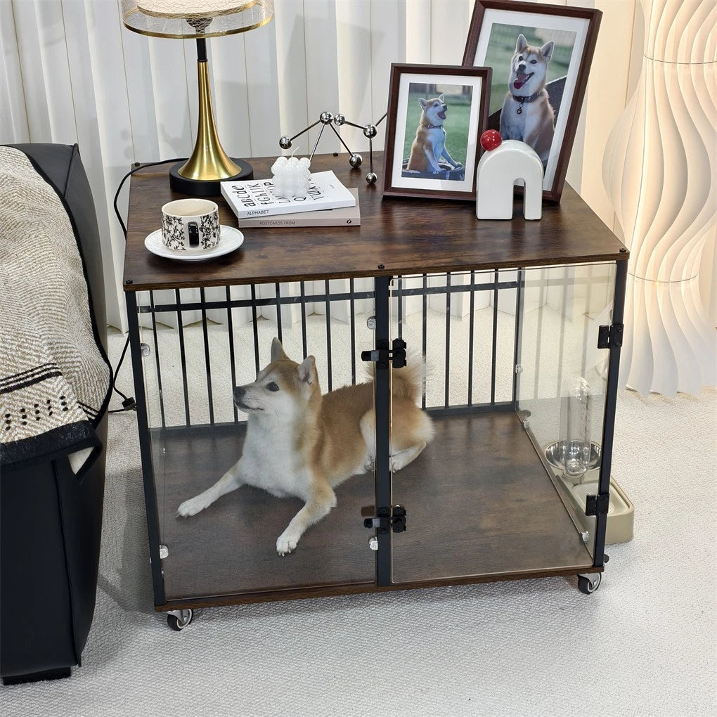 Anti-Bite Glass Indoor Dog Cage - Modern Furniture Style Dog Kennel End Table with Lockable Wheels and Double Doors - Image 2