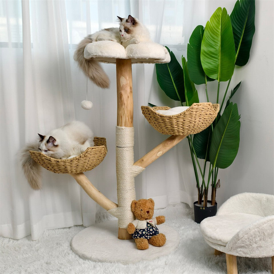 Solid Wood Cat Tree with 3 Branches & Baskets - Image 3