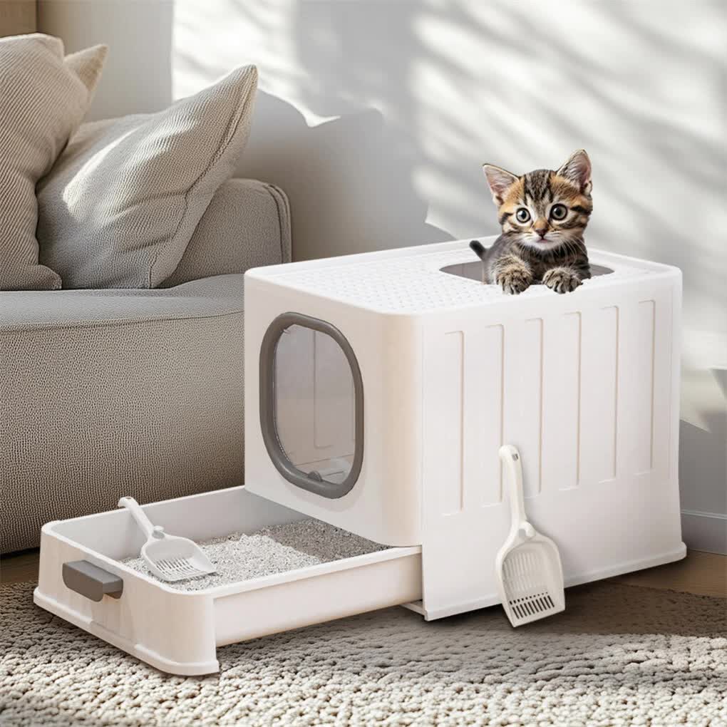 Big Top Entry Deep Tray Enclosed Kitty Cat Litter Box Easy To Clean Pull Handle - Image 2