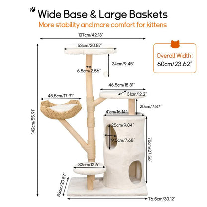 142cm Large Tall Cat Tree Tower with Soft Flower Perch & Condo - Multi-Level Cat Furniture for Kittens & Adult Cats - Image 2
