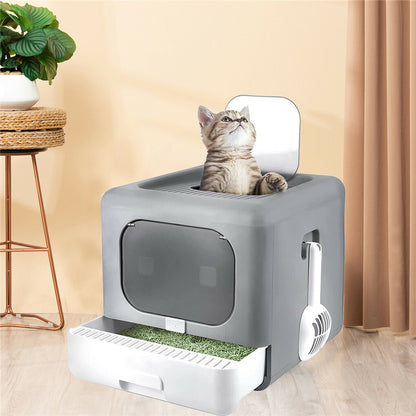 Foldable Fully Enclosed Hooded Cat Litter Box Self-Cleaning Kitty Toilet w Tray - Image 2