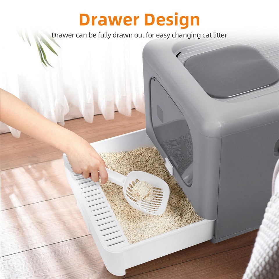 Foldable Fully Enclosed Hooded Cat Litter Box Self-Cleaning Kitty Toilet w Tray - Image 7