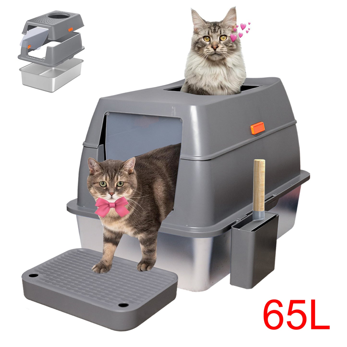 65L Big Cat Stainless Steel Litter Box With Lid High Wall With Triple Pedal Gray - Image 2