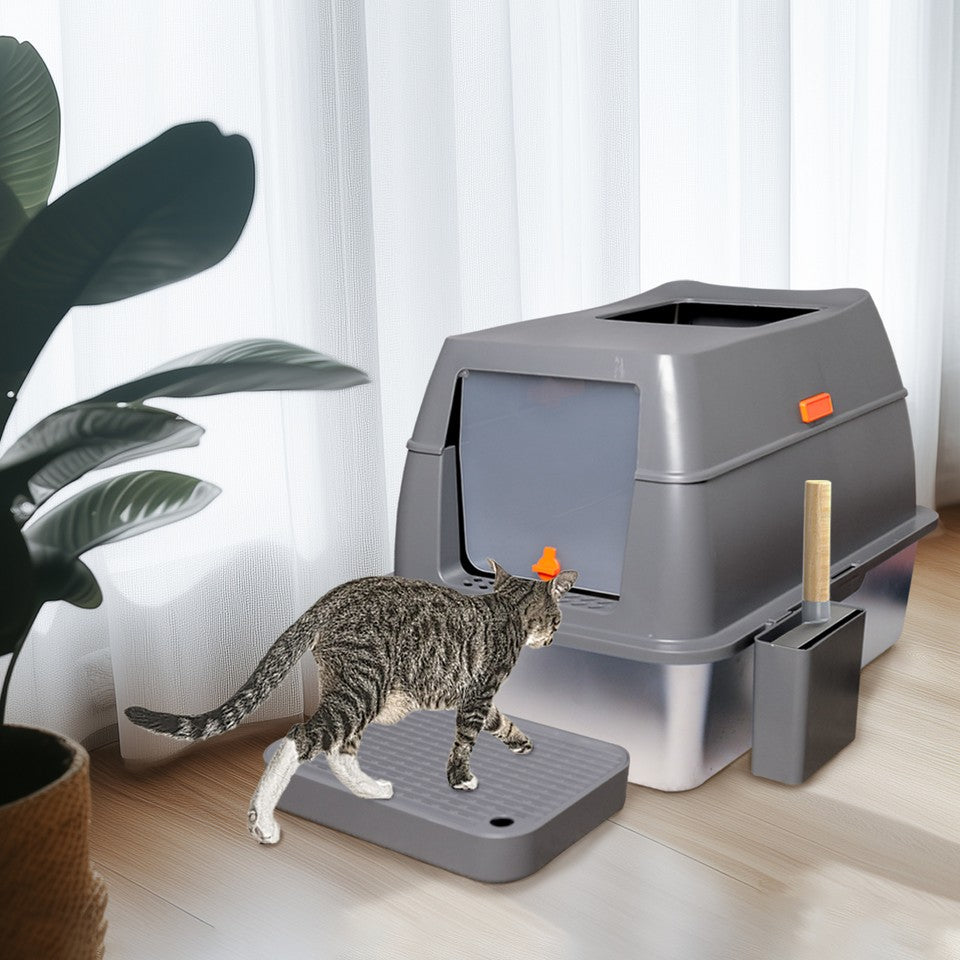 65L Big Cat Stainless Steel Litter Box With Lid High Wall With Triple Pedal Gray - Image 3