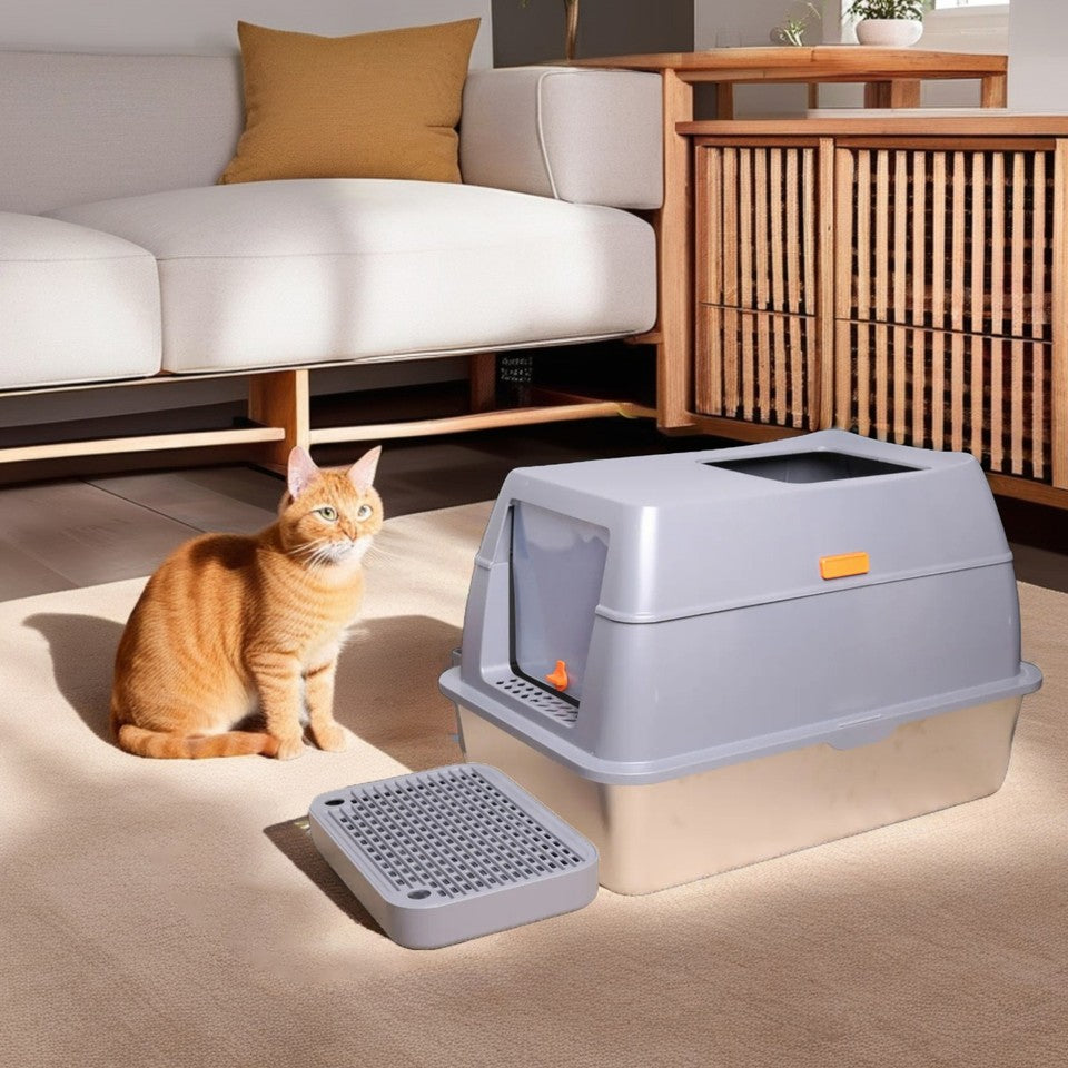 65L Big Cat Stainless Steel Litter Box With Lid High Wall With Triple Pedal Gray - Image 4