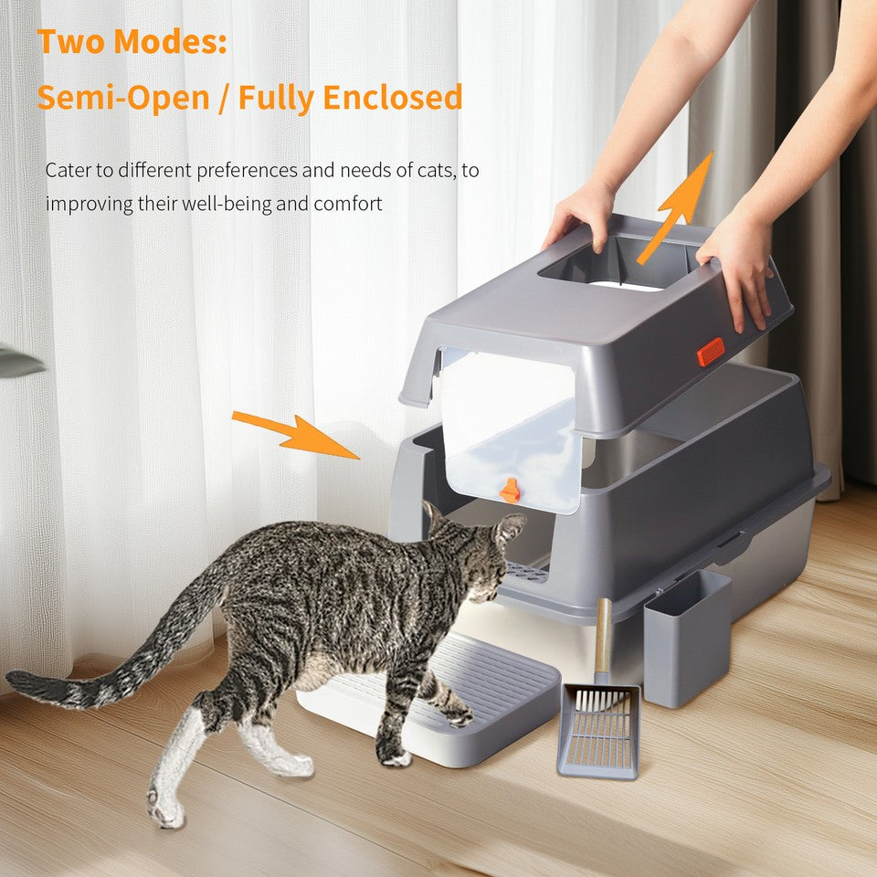 65L Big Cat Stainless Steel Litter Box With Lid High Wall With Triple Pedal Gray - Image 7