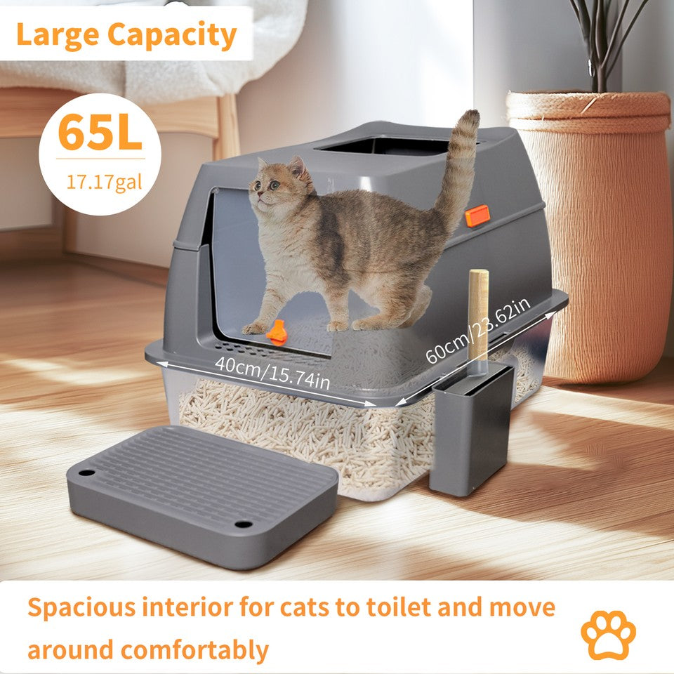 65L Big Cat Stainless Steel Litter Box With Lid High Wall With Triple Pedal Gray - Image 9