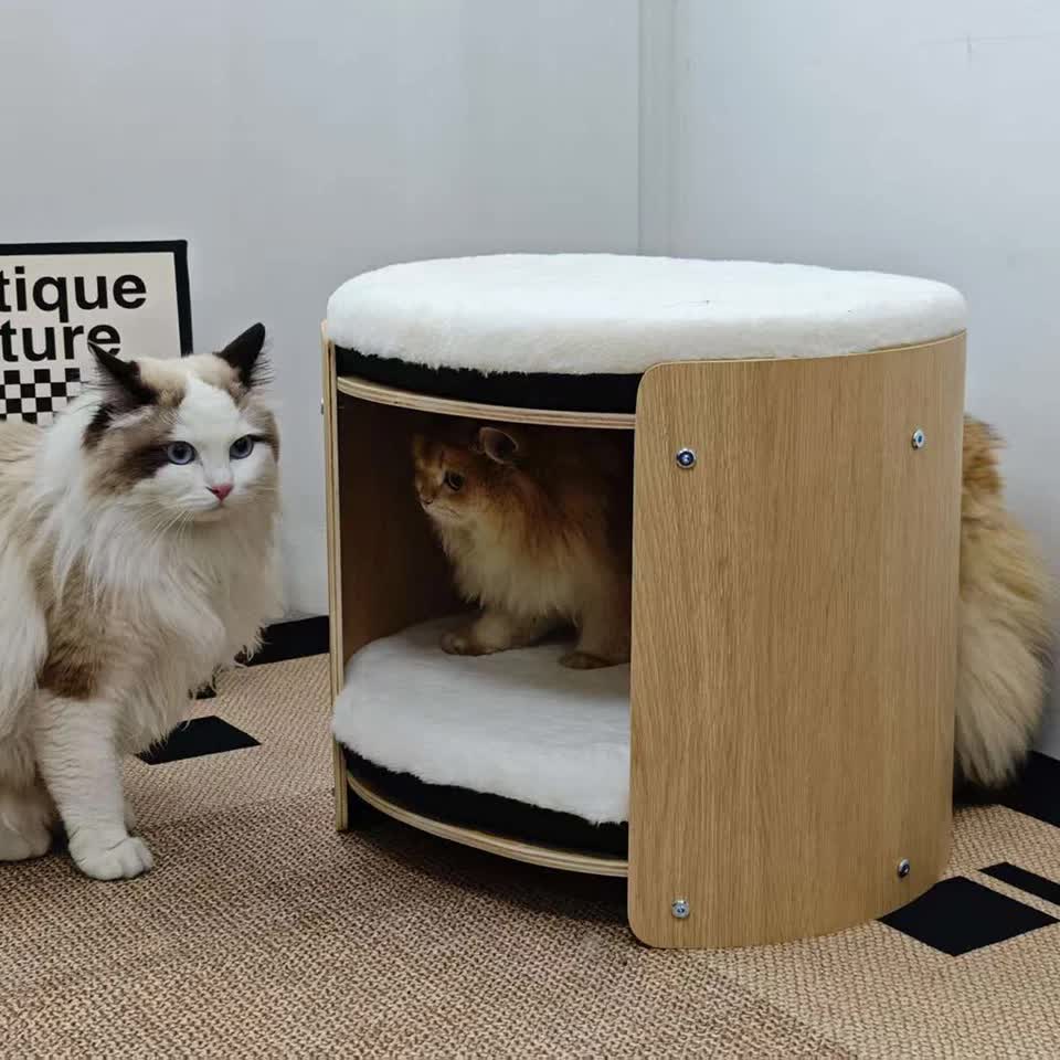 Natural Wood Cat Bunk Bed with Cushioned Two Tiers for Stylish Pet Comfort - Image 3