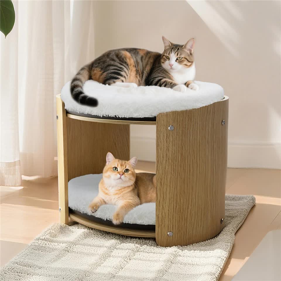 Natural Wood Cat Bunk Bed with Cushioned Two Tiers for Stylish Pet Comfort - Image 4
