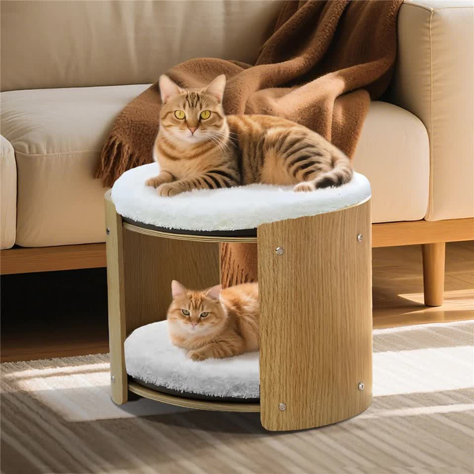 Natural Wood Cat Bunk Bed with Cushioned Two Tiers for Stylish Pet Comfort - Image 5