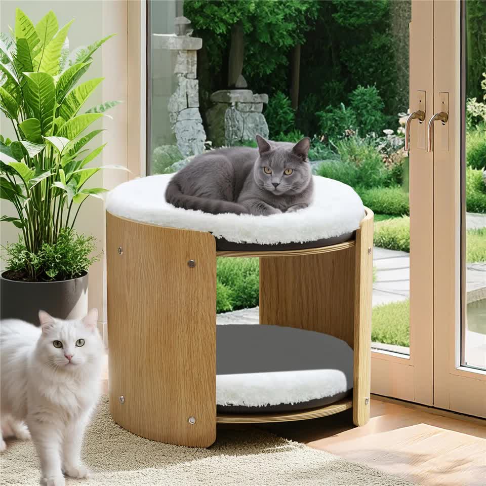 Natural Wood Cat Bunk Bed with Cushioned Two Tiers for Stylish Pet Comfort - Image 6