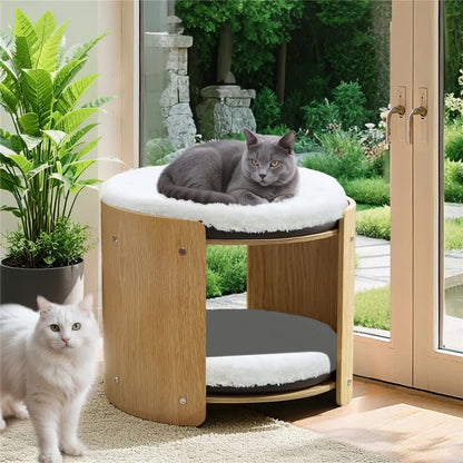 Natural Wood Cat Bunk Bed with Cushioned Two Tiers for Stylish Pet Comfort - Image 6