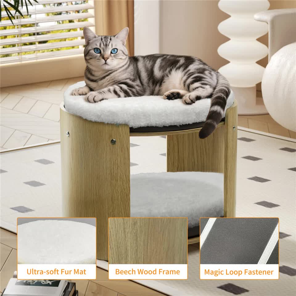 Natural Wood Cat Bunk Bed with Cushioned Two Tiers for Stylish Pet Comfort - Image 8
