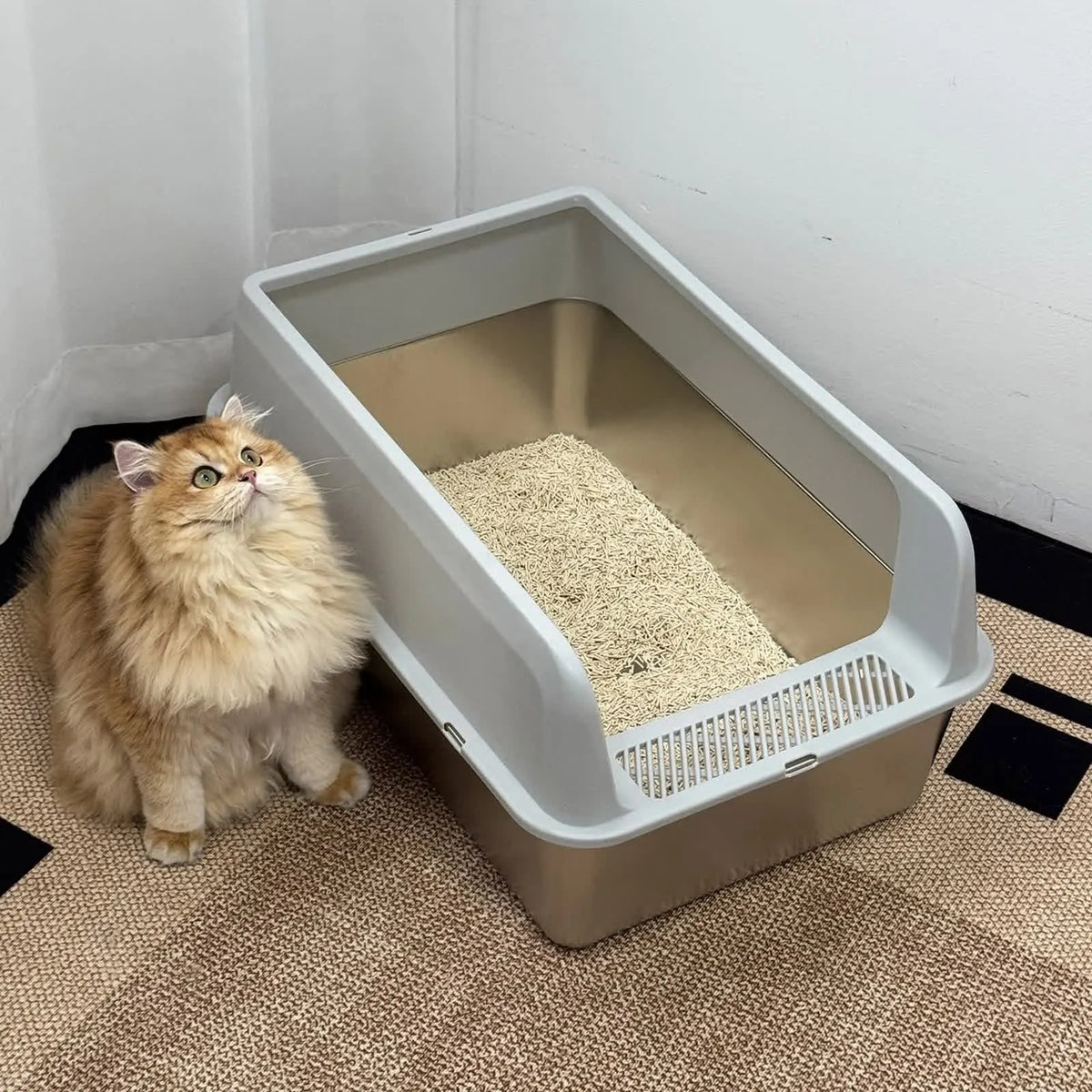 P&P Grey Silver Stainless Steel Cat Litter Box with High Sides, Open Top and Scoop - Image 2