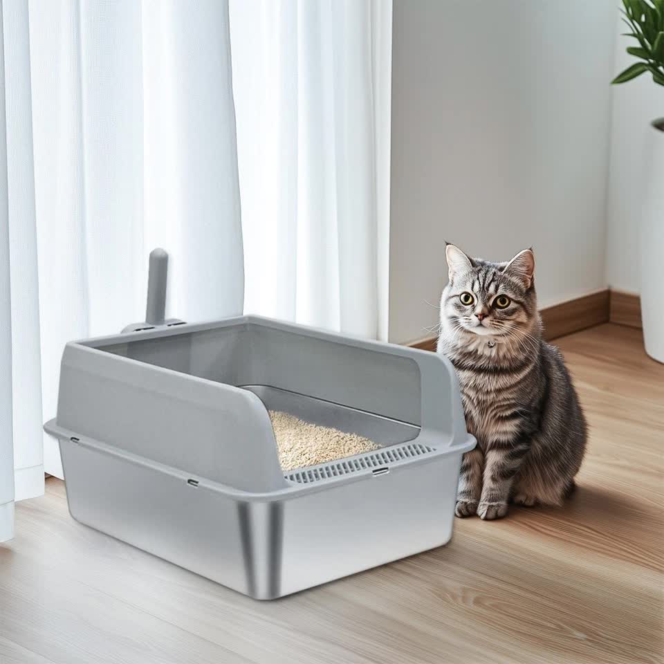 P&P Grey Silver Stainless Steel Cat Litter Box with High Sides, Open Top and Scoop - Image 4
